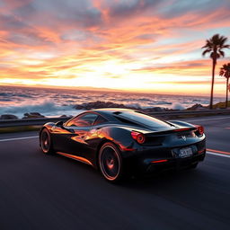 A sleek, modern sports car speeding down a picturesque coastal highway during sunset