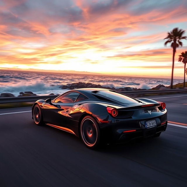 A sleek, modern sports car speeding down a picturesque coastal highway during sunset