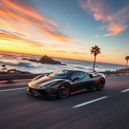 A sleek, modern sports car speeding down a picturesque coastal highway during sunset