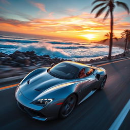 A sleek, modern sports car speeding down a picturesque coastal highway during sunset