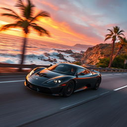 A sleek, modern sports car speeding down a picturesque coastal highway during sunset