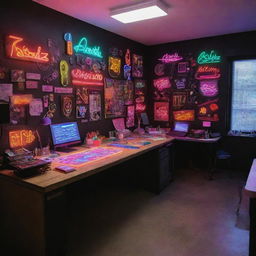 An intricately designed workspace for a neon flex sign workshop, featuring an array of colorful, glowing neon signs, tools, drafting tables, and a well-organized work station.