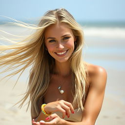 A woman with long blonde hair fluttering in the breeze