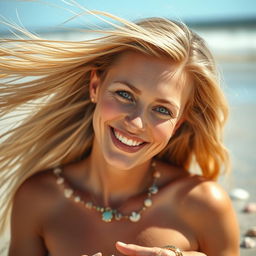 A woman with long blonde hair fluttering in the breeze