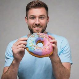 A man casually holding a colorful, frosted donut in his hand.