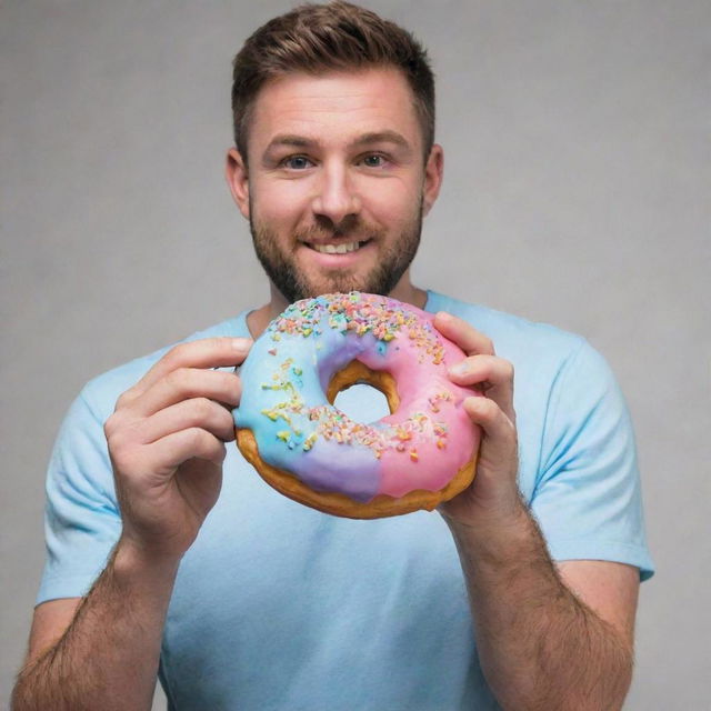 A man casually holding a colorful, frosted donut in his hand.