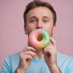 A man casually holding a colorful, frosted donut in his hand.