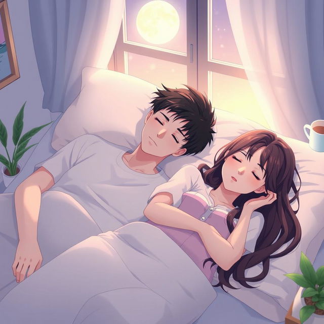 An anime scene depicting a husband peacefully asleep beside his girlfriend