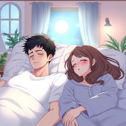 An anime scene depicting a husband peacefully asleep beside his girlfriend