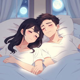 An anime scene depicting a husband peacefully asleep beside his girlfriend