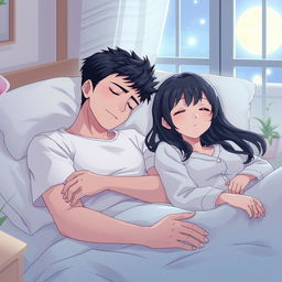 An anime scene depicting a husband peacefully asleep beside his girlfriend