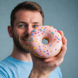 A man casually holding a colorful, frosted donut in his hand.