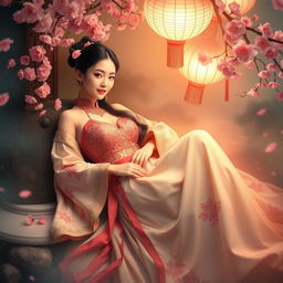 Taiwanese woman lounging gracefully, with an ethereal glow and a serene expression, set in a mystical, dream-like landscape