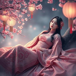 Taiwanese woman lounging gracefully, with an ethereal glow and a serene expression, set in a mystical, dream-like landscape