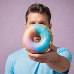 A man casually holding a colorful, frosted donut in his hand.