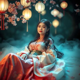 Taiwanese woman lounging gracefully, with an ethereal glow and a serene expression, set in a mystical, dream-like landscape