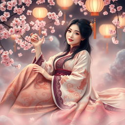 Taiwanese woman lounging gracefully, with an ethereal glow and a serene expression, set in a mystical, dream-like landscape