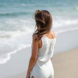 A woman stands on the beach, facing forward with the ocean in the background