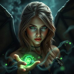 A young woman in her 20s with mesmerizing green eyes and light brown hair, depicting her as a powerful warlock