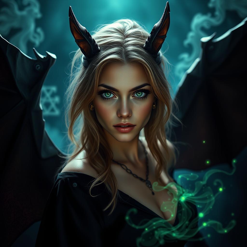 A young woman in her 20s with mesmerizing green eyes and light brown hair, depicting her as a powerful warlock