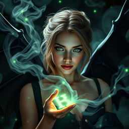 A young woman in her 20s with mesmerizing green eyes and light brown hair, depicting her as a powerful warlock