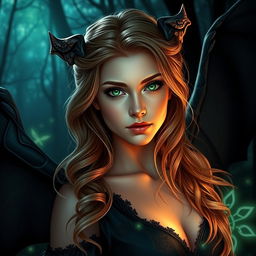 A young woman in her 20s with enchanting green eyes and light brown hair, styled as a warlock