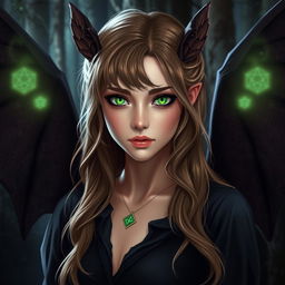 A young woman in her 20s with enchanting green eyes and light brown hair, styled as a warlock