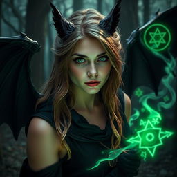 A young woman in her 20s with enchanting green eyes and light brown hair, styled as a warlock