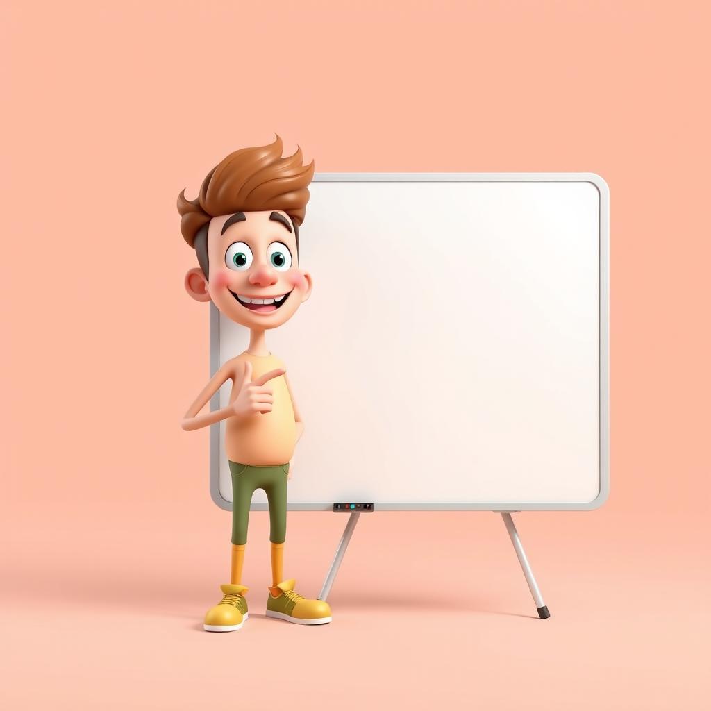 A 3D character in PSD format, standing with a friendly expression, pointing enthusiastically towards a blank whiteboard