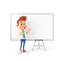 A 3D character in PSD format, standing with a friendly expression, pointing enthusiastically towards a blank whiteboard