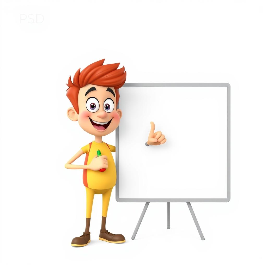 A 3D character in PSD format, standing with a friendly expression, pointing enthusiastically towards a blank whiteboard