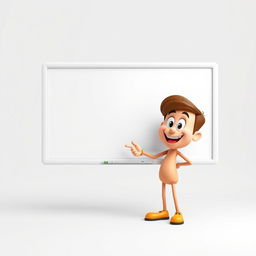 A 3D character in PSD format, standing with a friendly expression, pointing enthusiastically towards a blank whiteboard