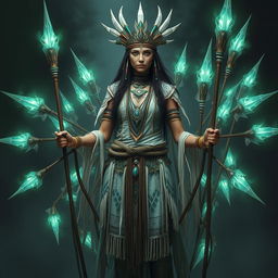 A female shaman resembling a tribal hunter, surrounded by multiple spirit spears