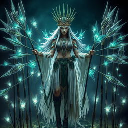 A female shaman resembling a tribal hunter, surrounded by multiple spirit spears