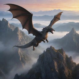 Majestic fantasy dragon soaring over craggy, mist shrouded mountains at sundown.