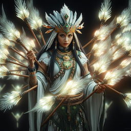 A female shaman resembling a tribal hunter, surrounded by multiple spirit spears