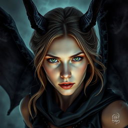 A young woman in her 20s with intense green eyes and light brown hair, depicted as a sinister warlock