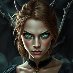 A young woman in her 20s with intense green eyes and light brown hair, depicted as a sinister warlock