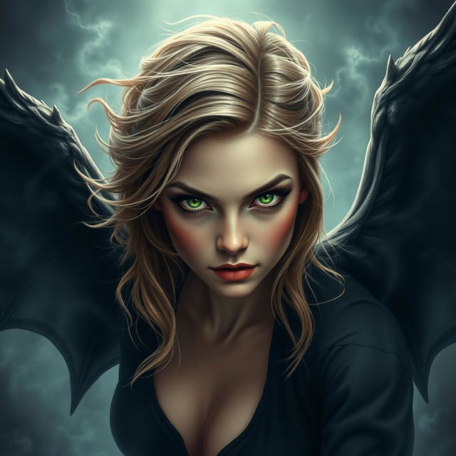 A young woman in her 20s with intense green eyes and light brown hair, depicted as a sinister warlock