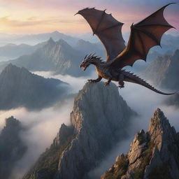 Majestic fantasy dragon soaring over craggy, mist shrouded mountains at sundown.