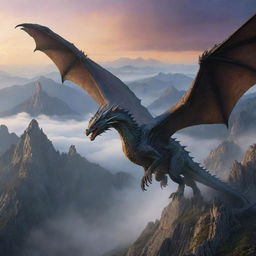 Majestic fantasy dragon soaring over craggy, mist shrouded mountains at sundown.