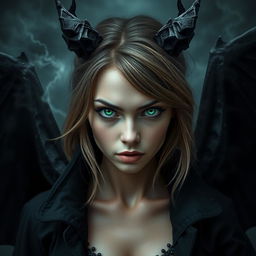 A young woman in her 20s with intense green eyes and light brown hair, depicted as a sinister warlock