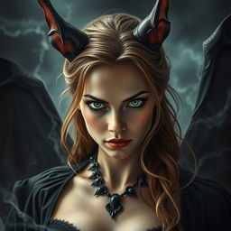 A young woman in her 20s with intense green eyes and light brown hair, depicted as a sinister warlock