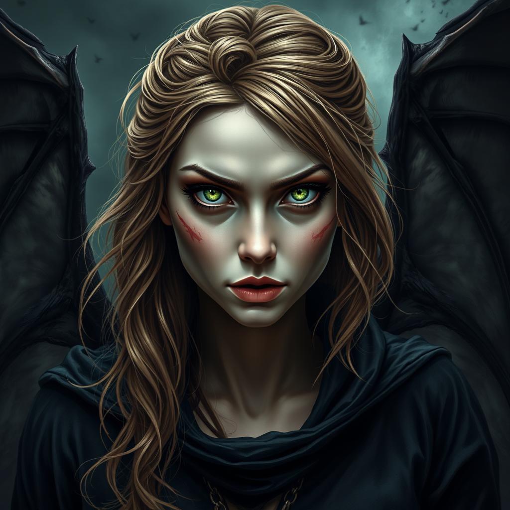 A young woman in her 20s with intense green eyes and light brown hair, depicted as a sinister warlock