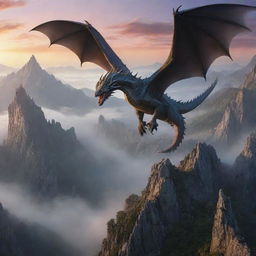 Majestic fantasy dragon soaring over craggy, mist shrouded mountains at sundown.