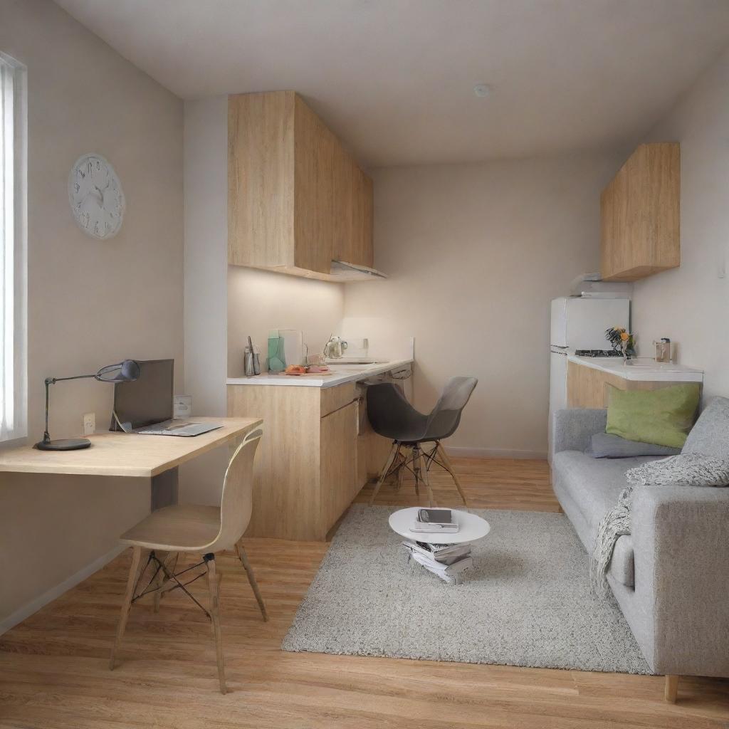 A cozy and functional apartment geared towards students, featuring study areas, comfortable living spaces, and a compact kitchen.