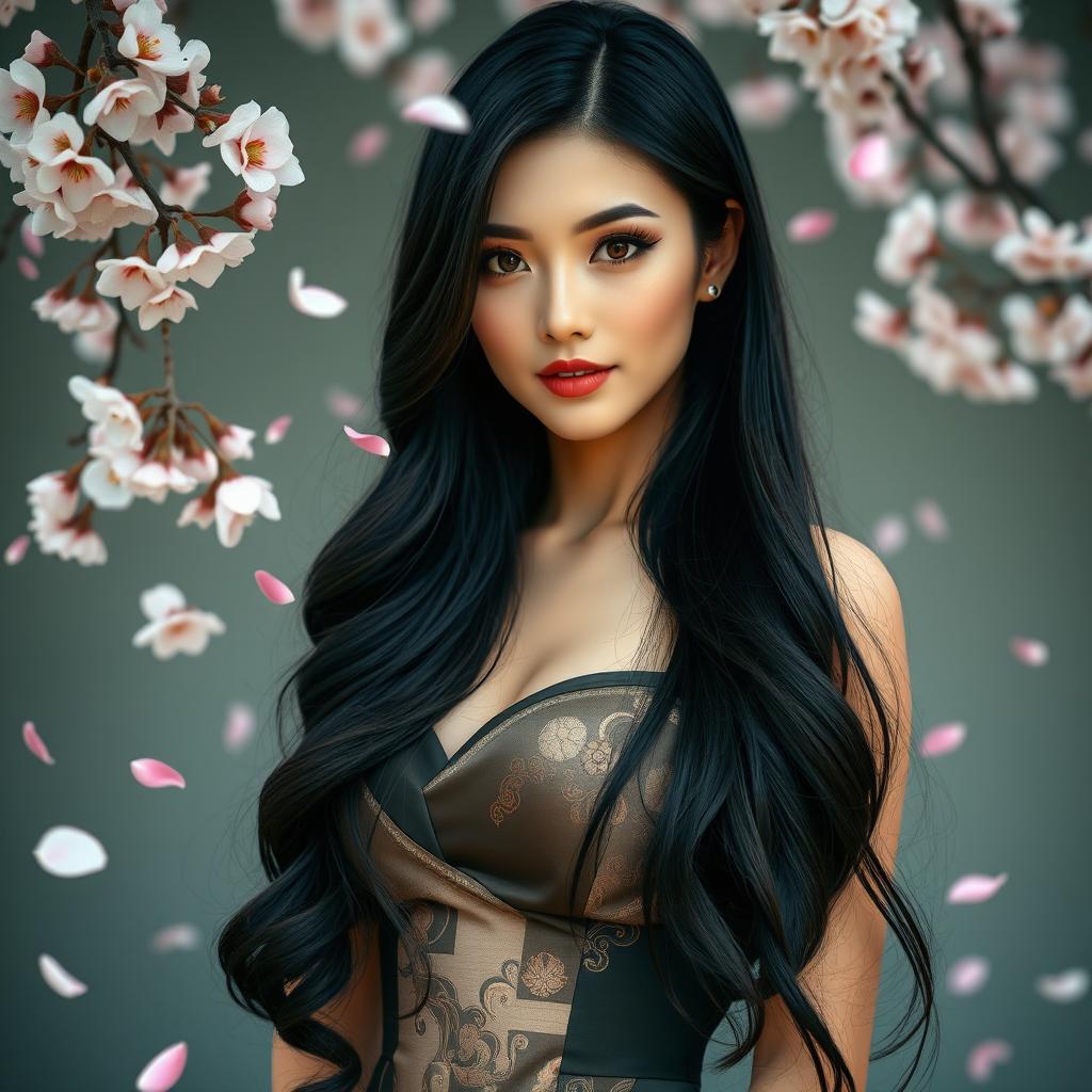 A stunning Japanese woman exuding confidence and allure, with long, silky black hair cascading down her shoulders