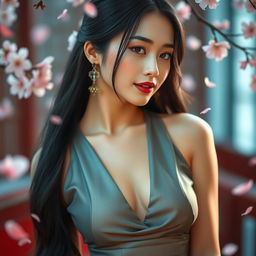 A stunning Japanese woman exuding confidence and allure, with long, silky black hair cascading down her shoulders