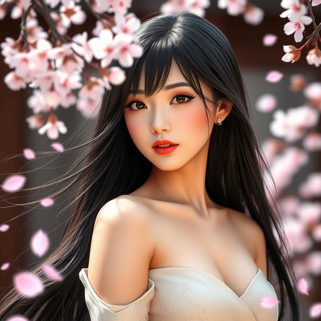 A stunning Japanese woman exuding confidence and allure, with long, silky black hair cascading down her shoulders