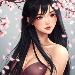 A stunning Japanese woman exuding confidence and allure, with long, silky black hair cascading down her shoulders